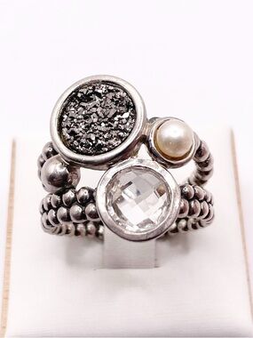Size 9.5  Multi-Accent Stackable Ring with topaz, Druzy and Pearl